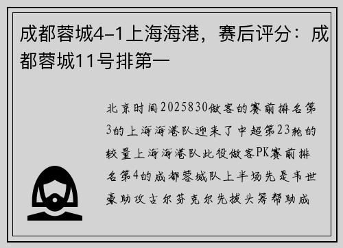 成都蓉城4-1上海海港，赛后评分：成都蓉城11号排第一